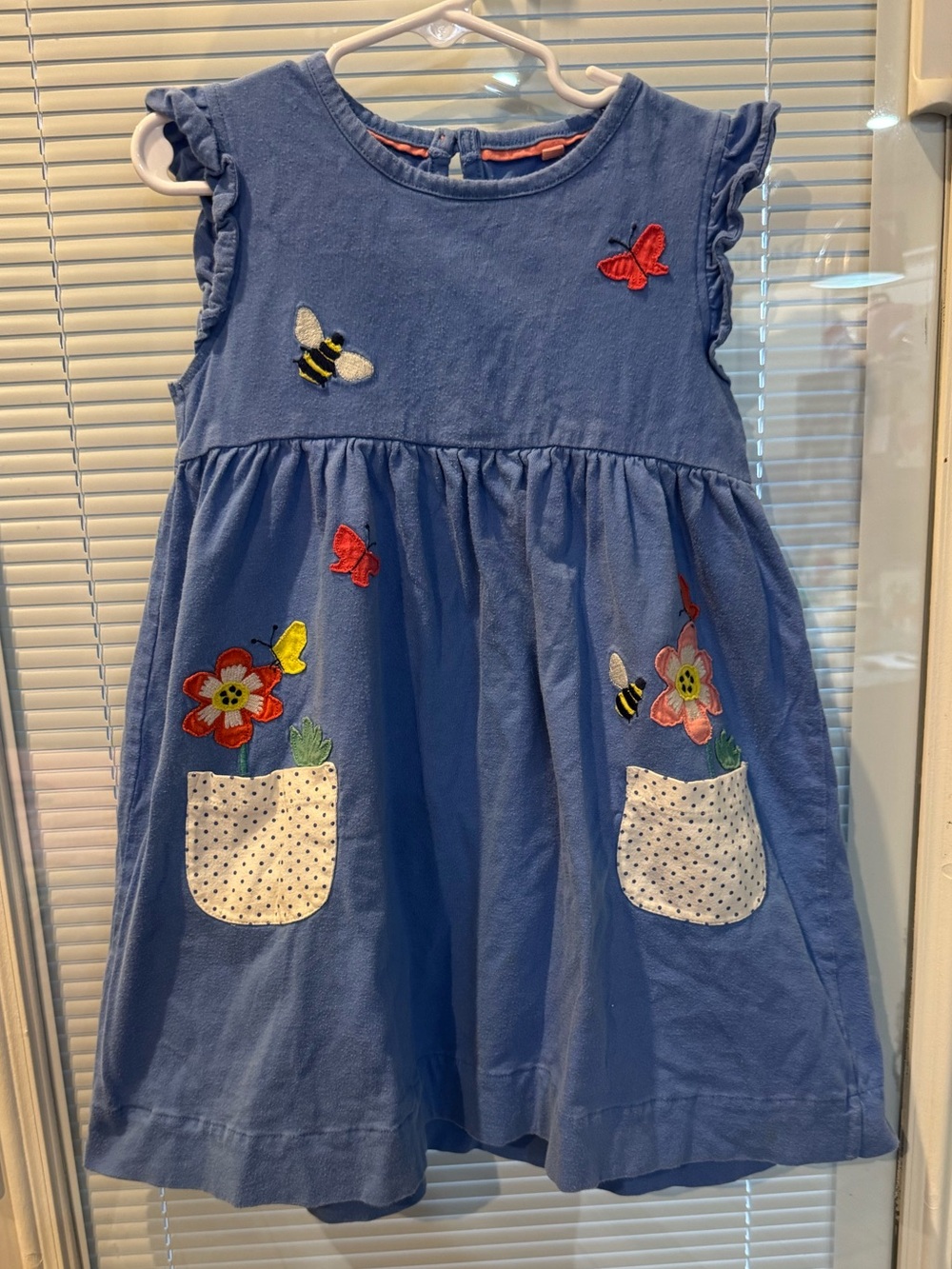 Mini Boden Girls 5-6Y Blue Embroidered Flower Bee Butterfly Pocket Dress